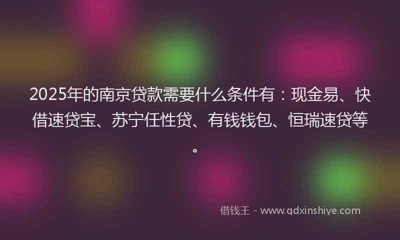 2025年的南京贷款需要什么条件有：现金易、快借速贷宝、苏宁任性贷、有钱钱包、恒瑞速贷等。