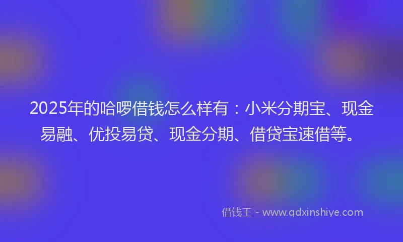 2025年的哈啰借钱怎么样有：小米分期宝、现金易融、优投易贷、现金分期、借贷宝速借等。