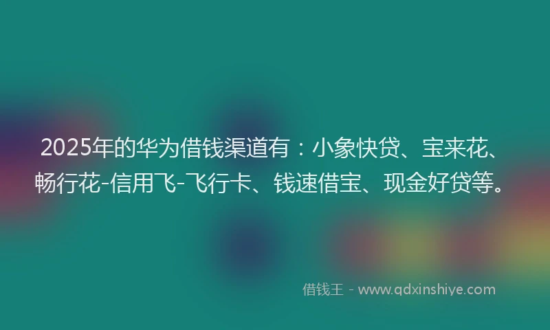 2025年的华为借钱渠道有：小象快贷、宝来花、畅行花-信用飞-飞行卡、钱速借宝、现金好贷等。