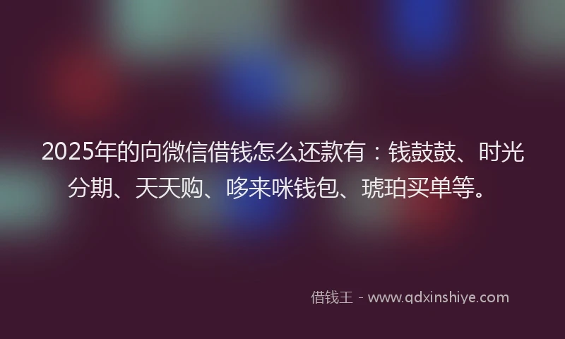 2025年的向微信借钱怎么还款有：钱鼓鼓、时光分期、天天购、哆来咪钱包、琥珀买单等。