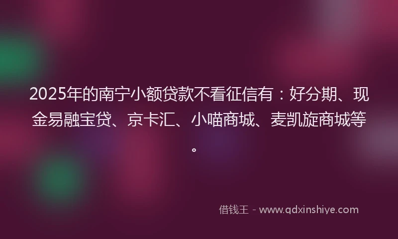 2025年的南宁小额贷款不看征信有：好分期、现金易融宝贷、京卡汇、小喵商城、麦凯旋商城等。