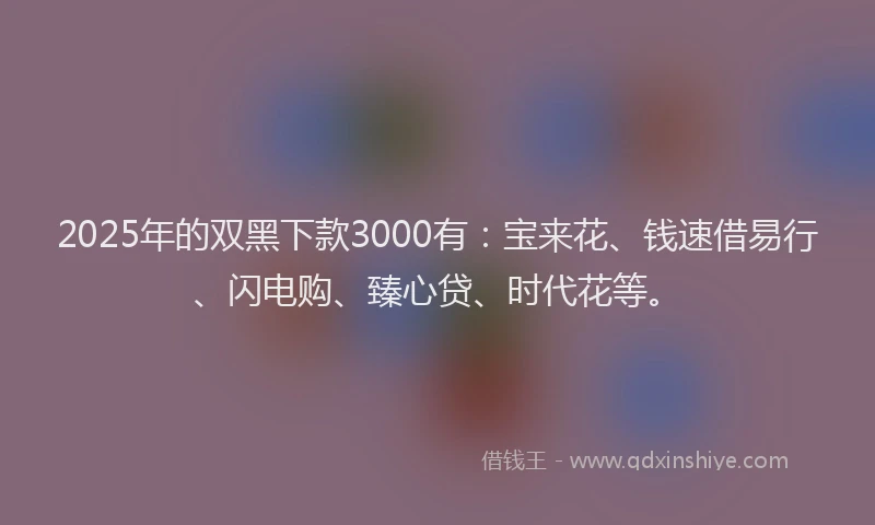 2025年的双黑下款3000有：宝来花、钱速借易行、闪电购、臻心贷、时代花等。