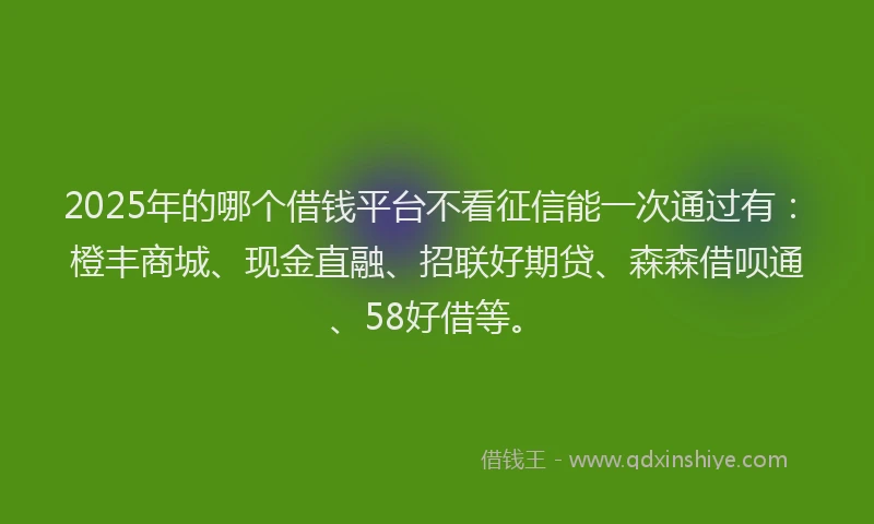 2025年的哪个借钱平台不看征信能一次通过有：橙丰商城、现金直融、招联好期贷、森森借呗通、58好借等。