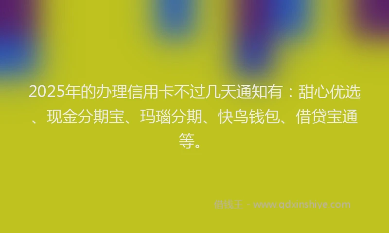 2025年的办理信用卡不过几天通知有：甜心优选、现金分期宝、玛瑙分期、快鸟钱包、借贷宝通等。