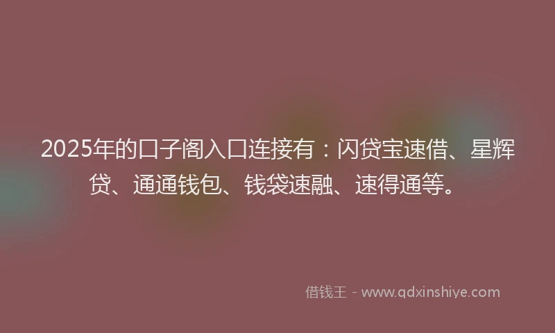 2025年的口子阁入口连接有：闪贷宝速借、星辉贷、通通钱包、钱袋速融、速得通等。
