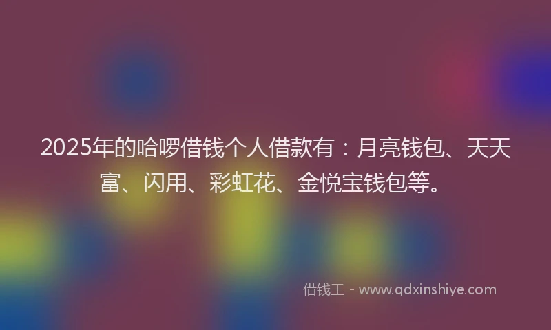 2025年的哈啰借钱个人借款有：月亮钱包、天天富、闪用、彩虹花、金悦宝钱包等。
