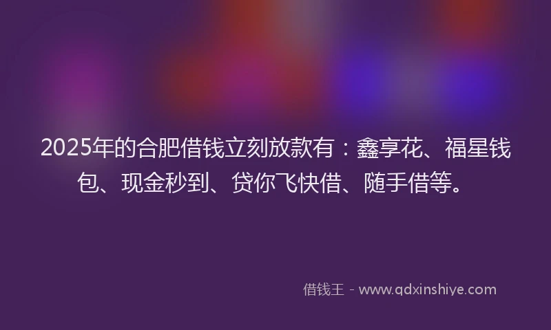 2025年的合肥借钱立刻放款有：鑫享花、福星钱包、现金秒到、贷你飞快借、随手借等。