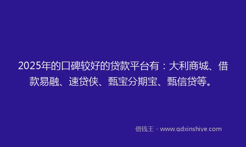 2025年的口碑较好的贷款平台有：大利商城、借款易融、速贷侠、甄宝分期宝、甄信贷等。