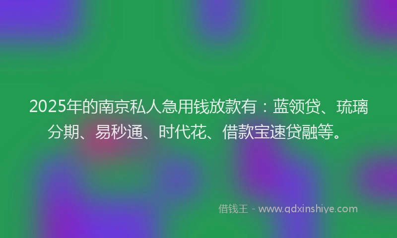 2025年的南京私人急用钱放款有：蓝领贷、琉璃分期、易秒通、时代花、借款宝速贷融等。