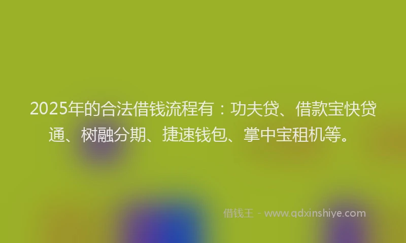 2025年的合法借钱流程有：功夫贷、借款宝快贷通、树融分期、捷速钱包、掌中宝租机等。