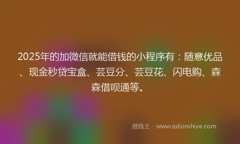 2025年的加微信就能借钱的小程序有：随意优品、现金秒贷宝盒、芸豆分、芸豆花、闪电购、森森借呗通等。