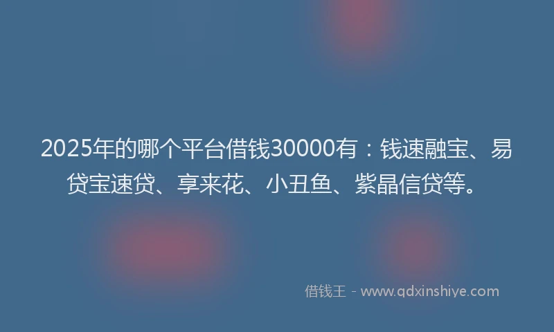 2025年的哪个平台借钱30000有：钱速融宝、易贷宝速贷、享来花、小丑鱼、紫晶信贷等。