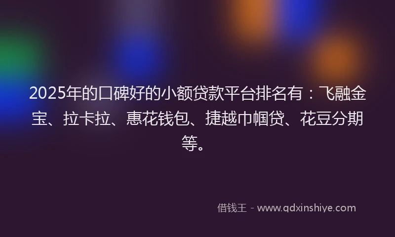 2025年的口碑好的小额贷款平台排名有：飞融金宝、拉卡拉、惠花钱包、捷越巾帼贷、花豆分期等。