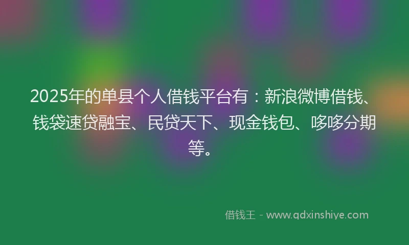 2025年的单县个人借钱平台有：新浪微博借钱、钱袋速贷融宝、民贷天下、现金钱包、哆哆分期等。