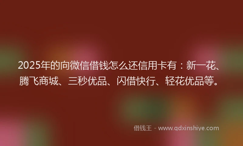 2025年的向微信借钱怎么还信用卡有：新一花、腾飞商城、三秒优品、闪借快行、轻花优品等。