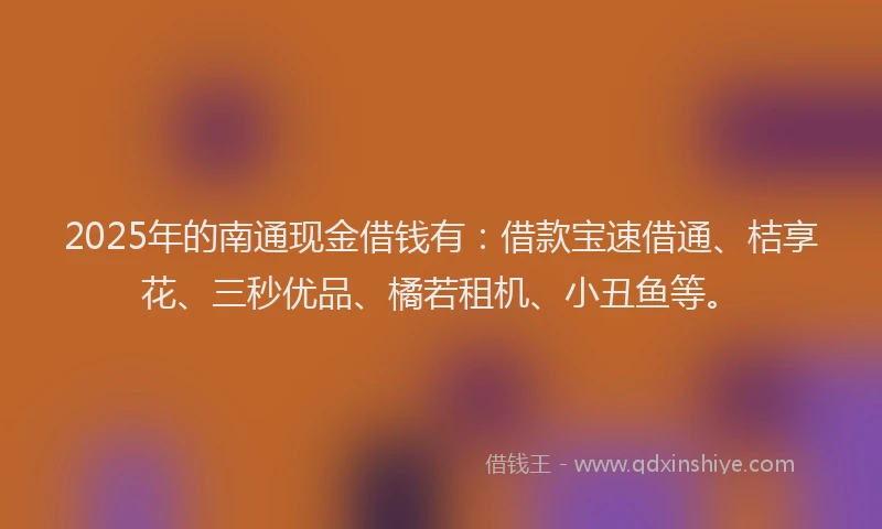 2025年的南通现金借钱有：借款宝速借通、桔享花、三秒优品、橘若租机、小丑鱼等。