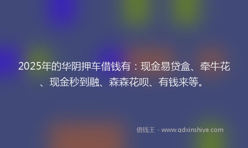 2025年的华阴押车借钱有：现金易贷盒、牵牛花、现金秒到融、森森花呗、有钱来等。