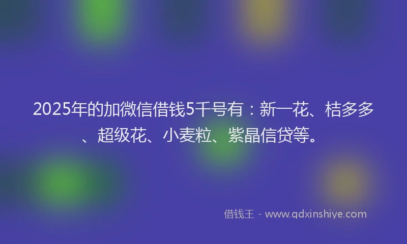 2025年的加微信借钱5千号有：新一花、桔多多、超级花、小麦粒、紫晶信贷等。