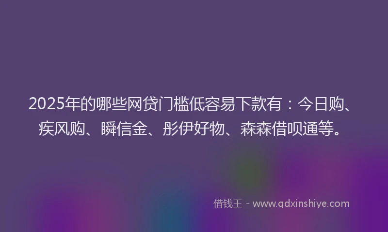 2025年的哪些网贷门槛低容易下款有：今日购、疾风购、瞬信金、彤伊好物、森森借呗通等。