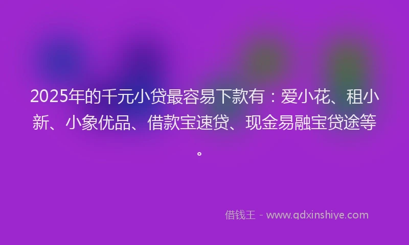 2025年的千元小贷最容易下款有：爱小花、租小新、小象优品、借款宝速贷、现金易融宝贷途等。
