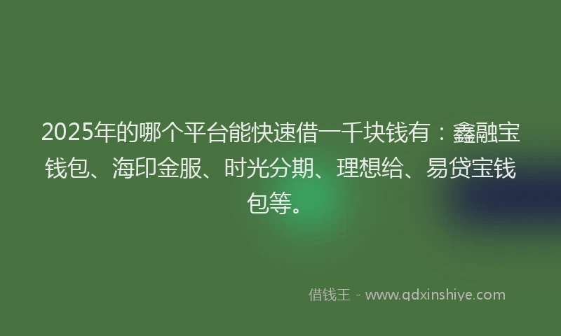 2025年的哪个平台能快速借一千块钱有：鑫融宝钱包、海印金服、时光分期、理想给、易贷宝钱包等。