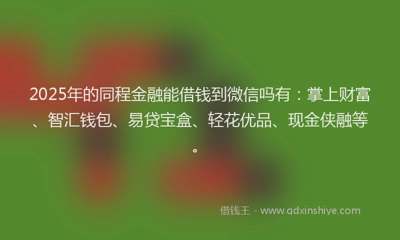 2025年的同程金融能借钱到微信吗有：掌上财富、智汇钱包、易贷宝盒、轻花优品、现金侠融等。