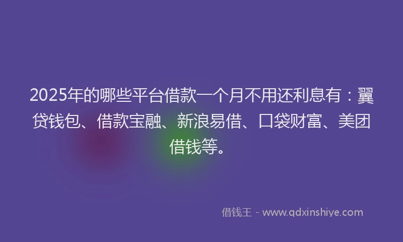 2025年的哪些平台借款一个月不用还利息有：翼贷钱包、借款宝融、新浪易借、口袋财富、美团借钱等。