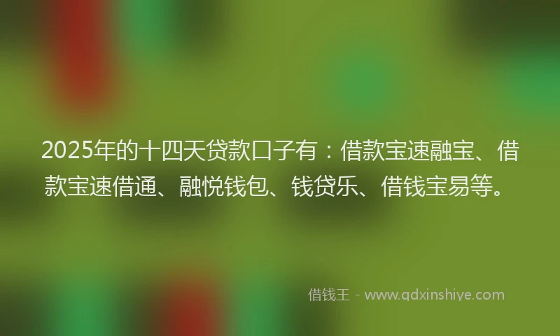 2025年的十四天贷款口子有：借款宝速融宝、借款宝速借通、融悦钱包、钱贷乐、借钱宝易等。