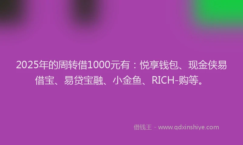 2025年的周转借1000元有：悦享钱包、现金侠易借宝、易贷宝融、小金鱼、RICH-购等。