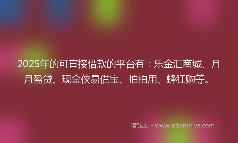2025年的可直接借款的平台有：乐金汇商城、月月盈贷、现金侠易借宝、拍拍用、蜂狂购等。