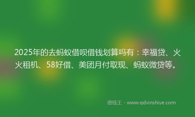 2025年的去蚂蚁借呗借钱划算吗有：幸福贷、火火租机、58好借、美团月付取现、蚂蚁微贷等。