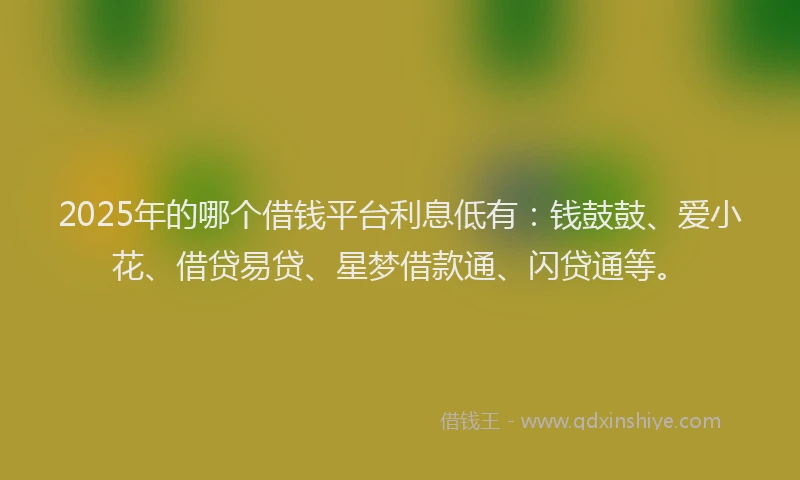 2025年的哪个借钱平台利息低有：钱鼓鼓、爱小花、借贷易贷、星梦借款通、闪贷通等。