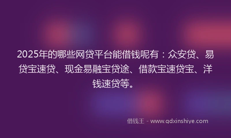 2025年的哪些网贷平台能借钱呢有：众安贷、易贷宝速贷、现金易融宝贷途、借款宝速贷宝、洋钱速贷等。