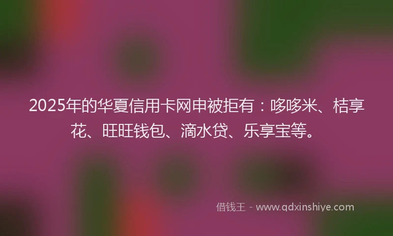 2025年的华夏信用卡网申被拒有：哆哆米、桔享花、旺旺钱包、滴水贷、乐享宝等。