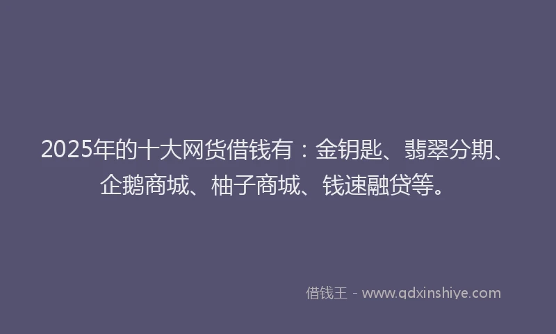 2025年的十大网货借钱有：金钥匙、翡翠分期、企鹅商城、柚子商城、钱速融贷等。