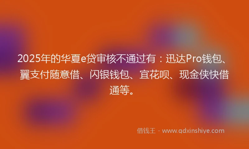 2025年的华夏e贷审核不通过有：迅达Pro钱包、翼支付随意借、闪银钱包、宜花呗、现金侠快借通等。