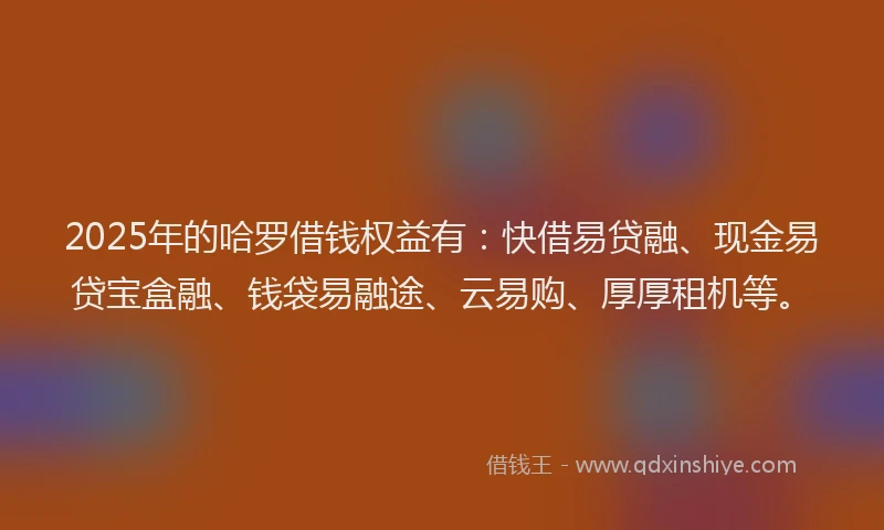 2025年的哈罗借钱权益有：快借易贷融、现金易贷宝盒融、钱袋易融途、云易购、厚厚租机等。