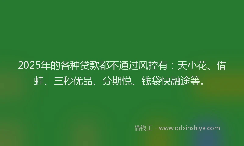 2025年的各种贷款都不通过风控有：天小花、借蛙、三秒优品、分期悦、钱袋快融途等。