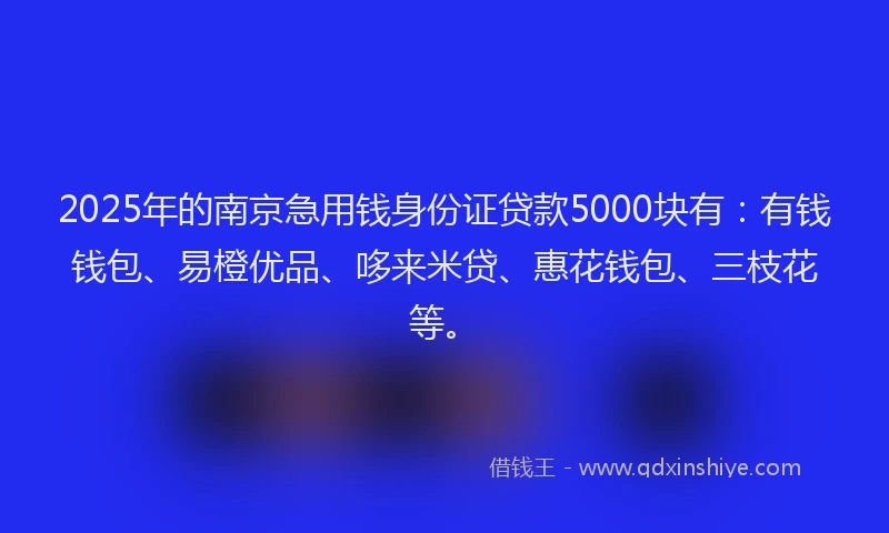 2025年的南京急用钱身份证贷款5000块有：有钱钱包、易橙优品、哆来米贷、惠花钱包、三枝花等。