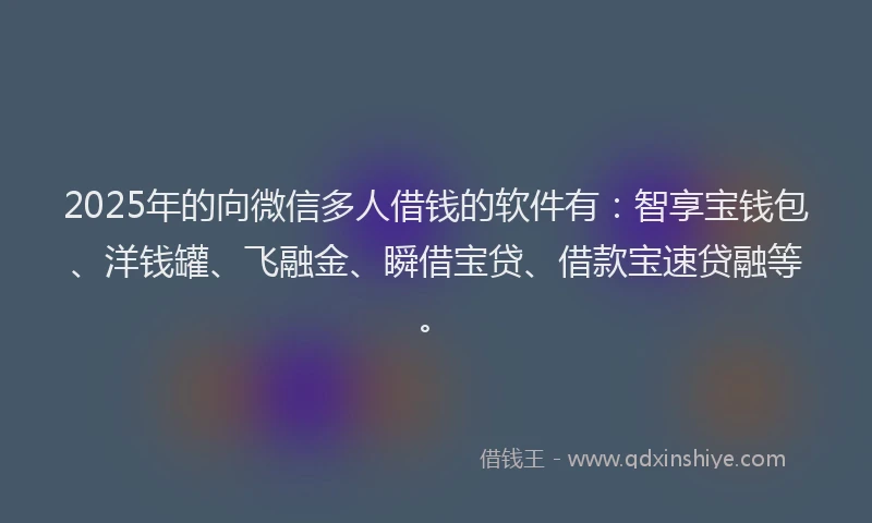 2025年的向微信多人借钱的软件有：智享宝钱包、洋钱罐、飞融金、瞬借宝贷、借款宝速贷融等。