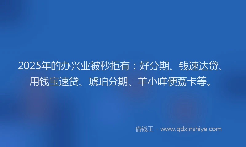 2025年的办兴业被秒拒有：好分期、钱速达贷、用钱宝速贷、琥珀分期、羊小咩便荔卡等。