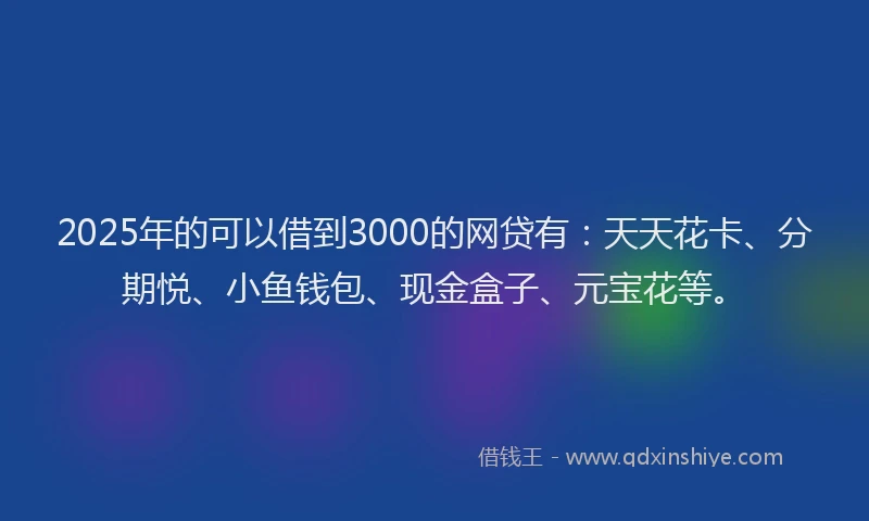 2025年的可以借到3000的网贷有：天天花卡、分期悦、小鱼钱包、现金盒子、元宝花等。