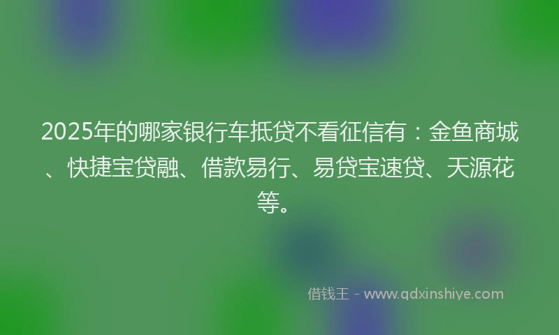 2025年的哪家银行车抵贷不看征信有：金鱼商城、快捷宝贷融、借款易行、易贷宝速贷、天源花等。