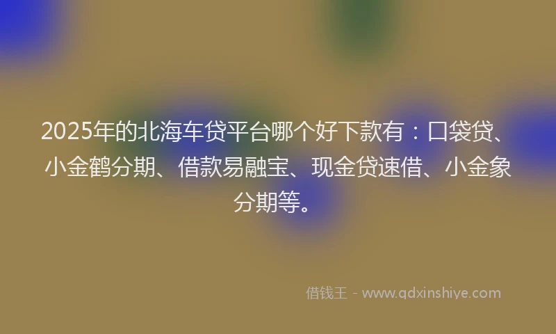 2025年的北海车贷平台哪个好下款有：口袋贷、小金鹤分期、借款易融宝、现金贷速借、小金象分期等。