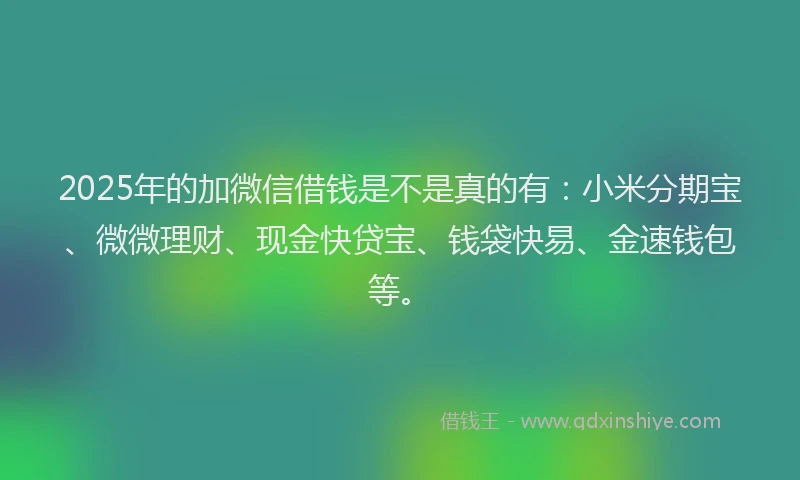2025年的加微信借钱是不是真的有：小米分期宝、微微理财、现金快贷宝、钱袋快易、金速钱包等。