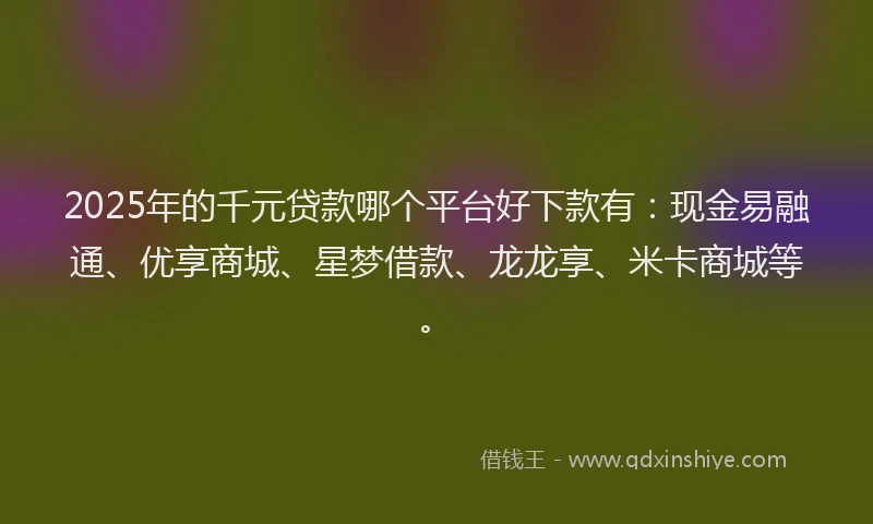 2025年的千元贷款哪个平台好下款有：现金易融通、优享商城、星梦借款、龙龙享、米卡商城等。