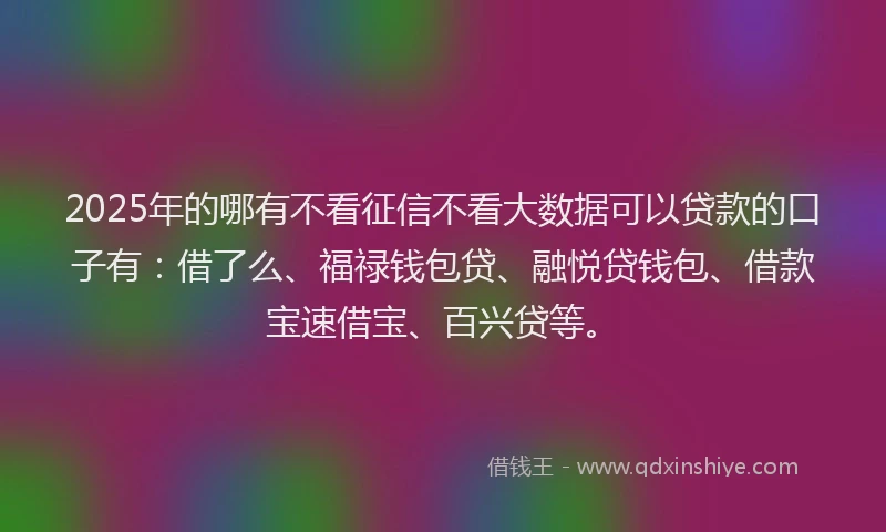 2025年的哪有不看征信不看大数据可以贷款的口子有：借了么、福禄钱包贷、融悦贷钱包、借款宝速借宝、百兴贷等。