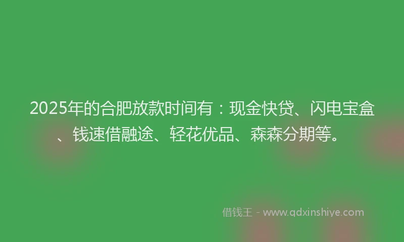 2025年的合肥放款时间有：现金快贷、闪电宝盒、钱速借融途、轻花优品、森森分期等。