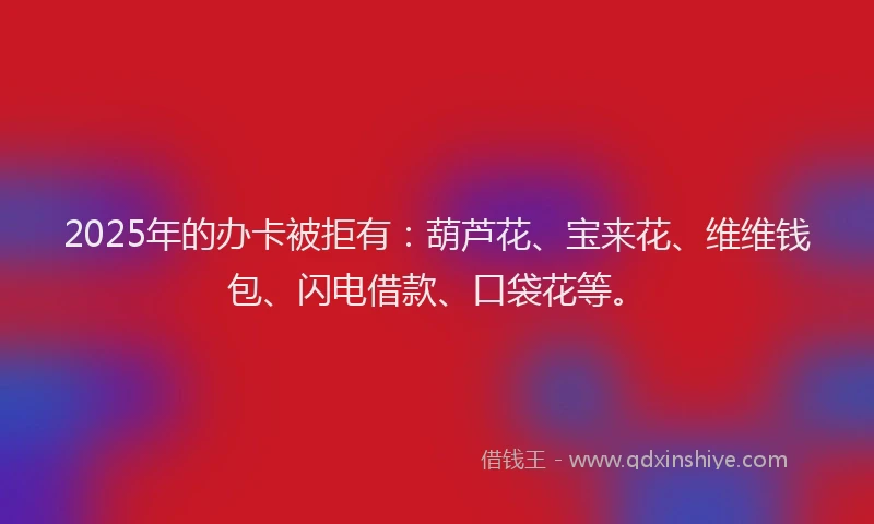 2025年的办卡被拒有：葫芦花、宝来花、维维钱包、闪电借款、口袋花等。