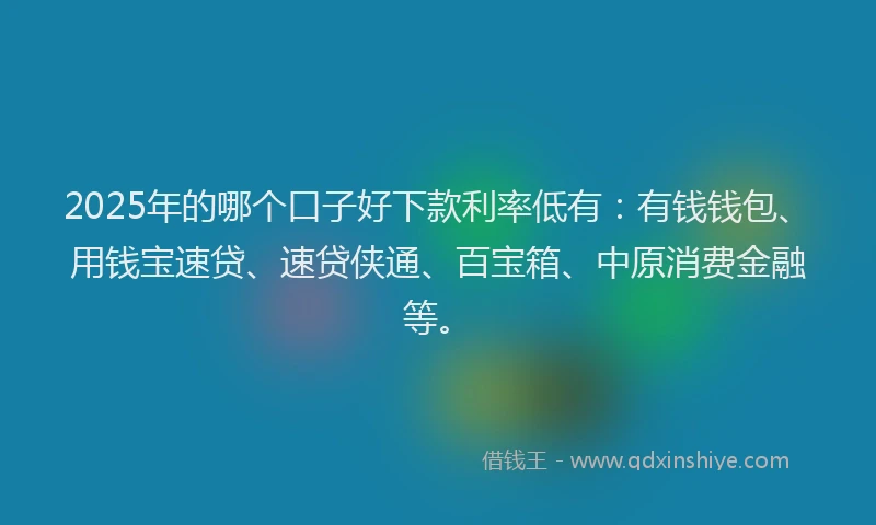2025年的哪个口子好下款利率低有：有钱钱包、用钱宝速贷、速贷侠通、百宝箱、中原消费金融等。